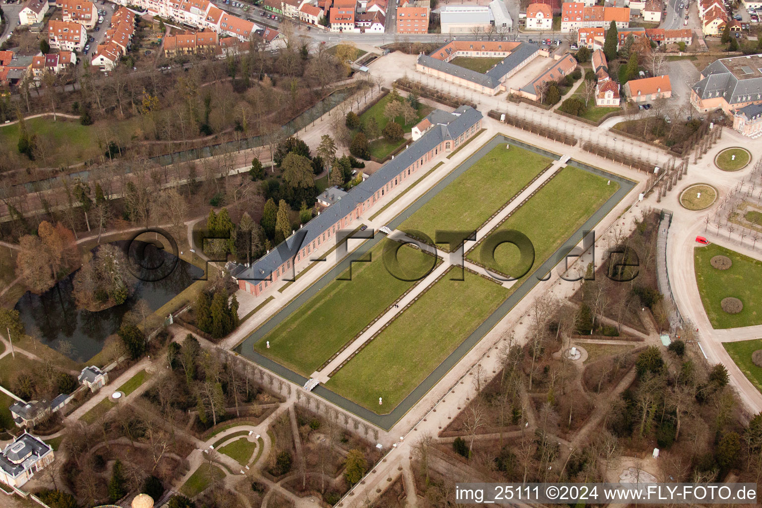 Aerial photograpy of Schwetzingen Palace Park in Schwetzingen in the state Baden-Wuerttemberg, Germany