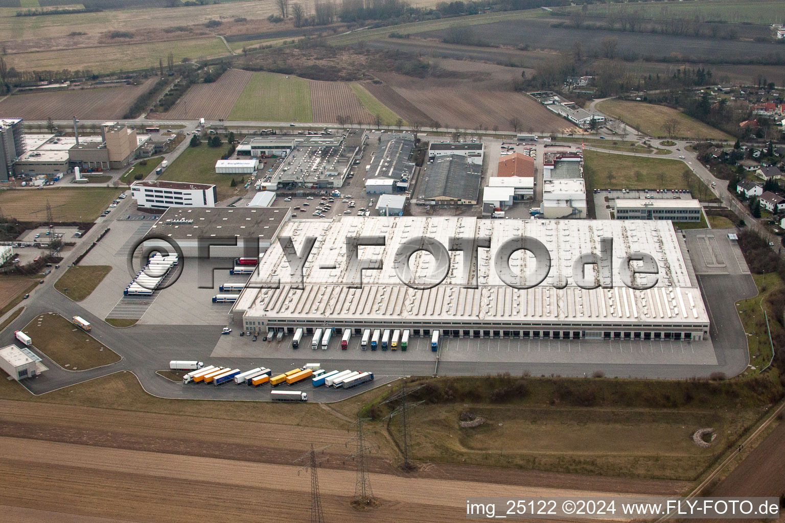 Aerial photograpy of Building complex and grounds of the logistics center Aldi Sued in Ketsch in the state Baden-Wurttemberg, Germany