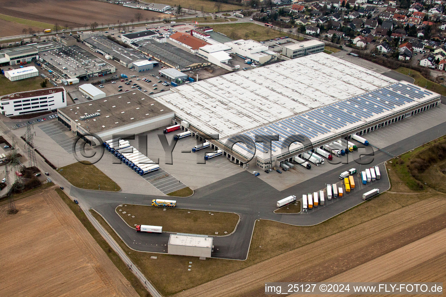 Oblique view of Building complex and grounds of the logistics center Aldi Sued in Ketsch in the state Baden-Wurttemberg, Germany