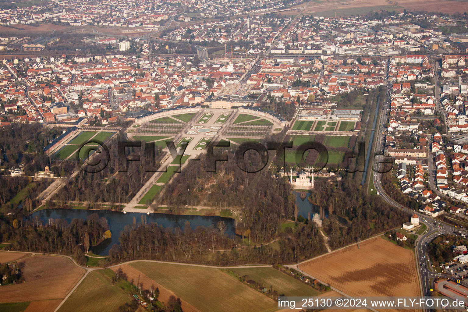 Oblique view of Schwetzingen Palace Park in Schwetzingen in the state Baden-Wuerttemberg, Germany