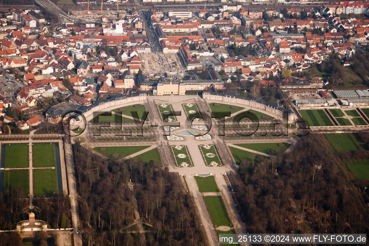 Schwetzingen Castle and the French baroque garden in Schwetzingen in the state of Baden-Wuerttemberg from above