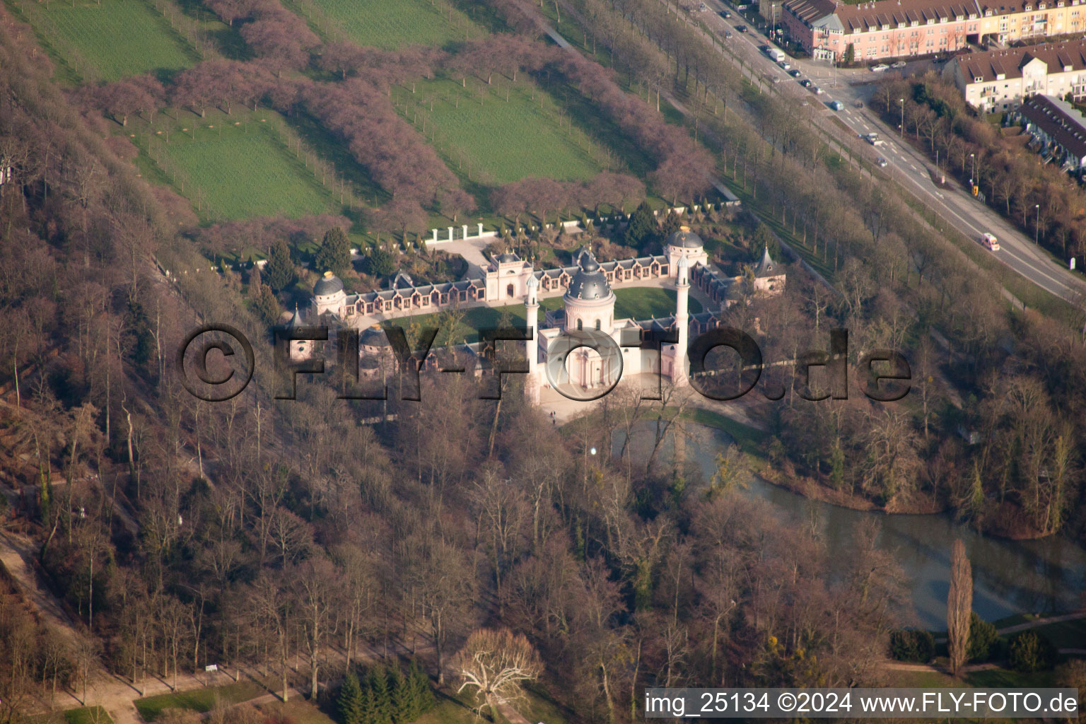 Schwetzingen Palace Park in Schwetzingen in the state Baden-Wuerttemberg, Germany from above