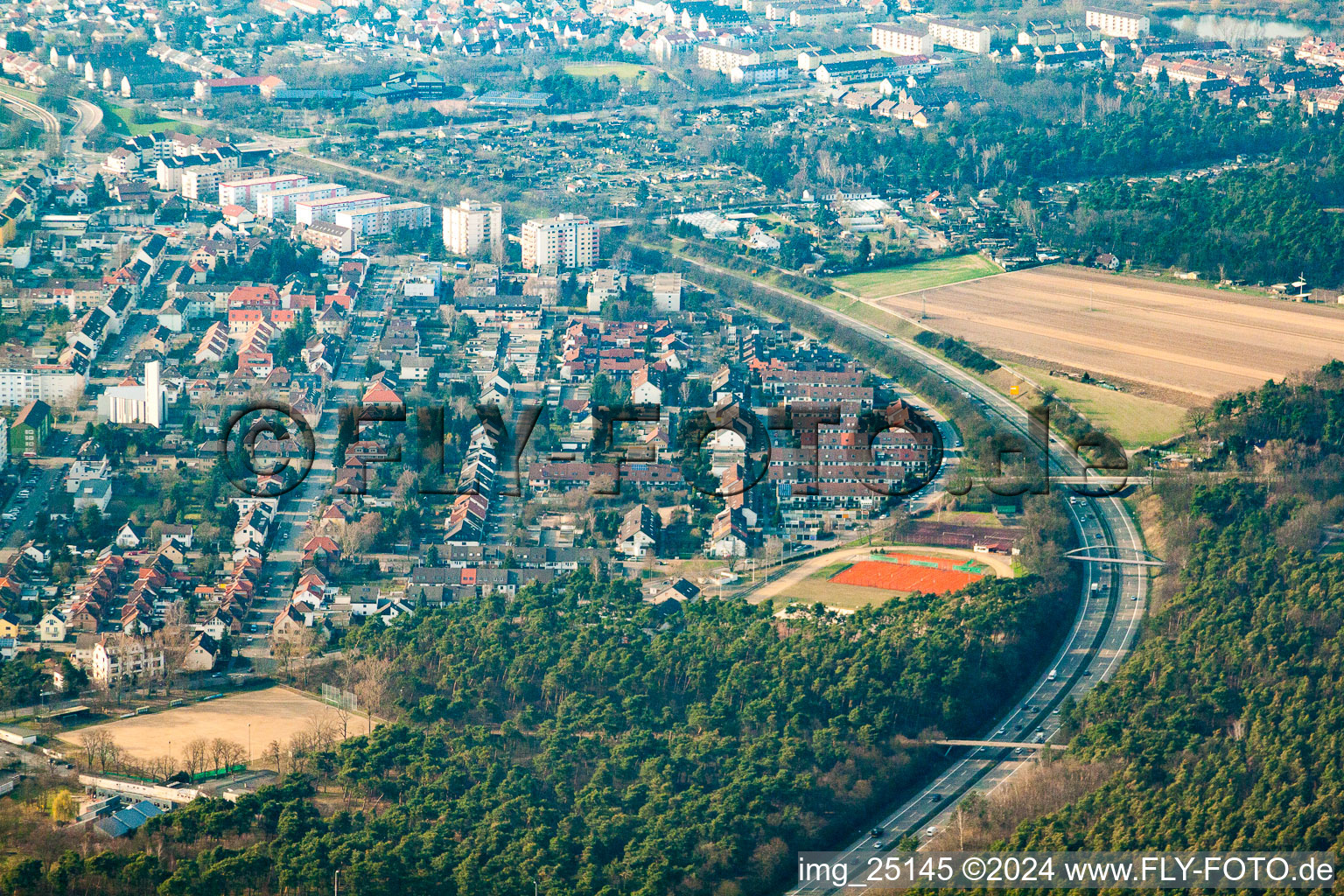 Aerial view of B36 in the district Rheinau in Mannheim in the state Baden-Wuerttemberg, Germany