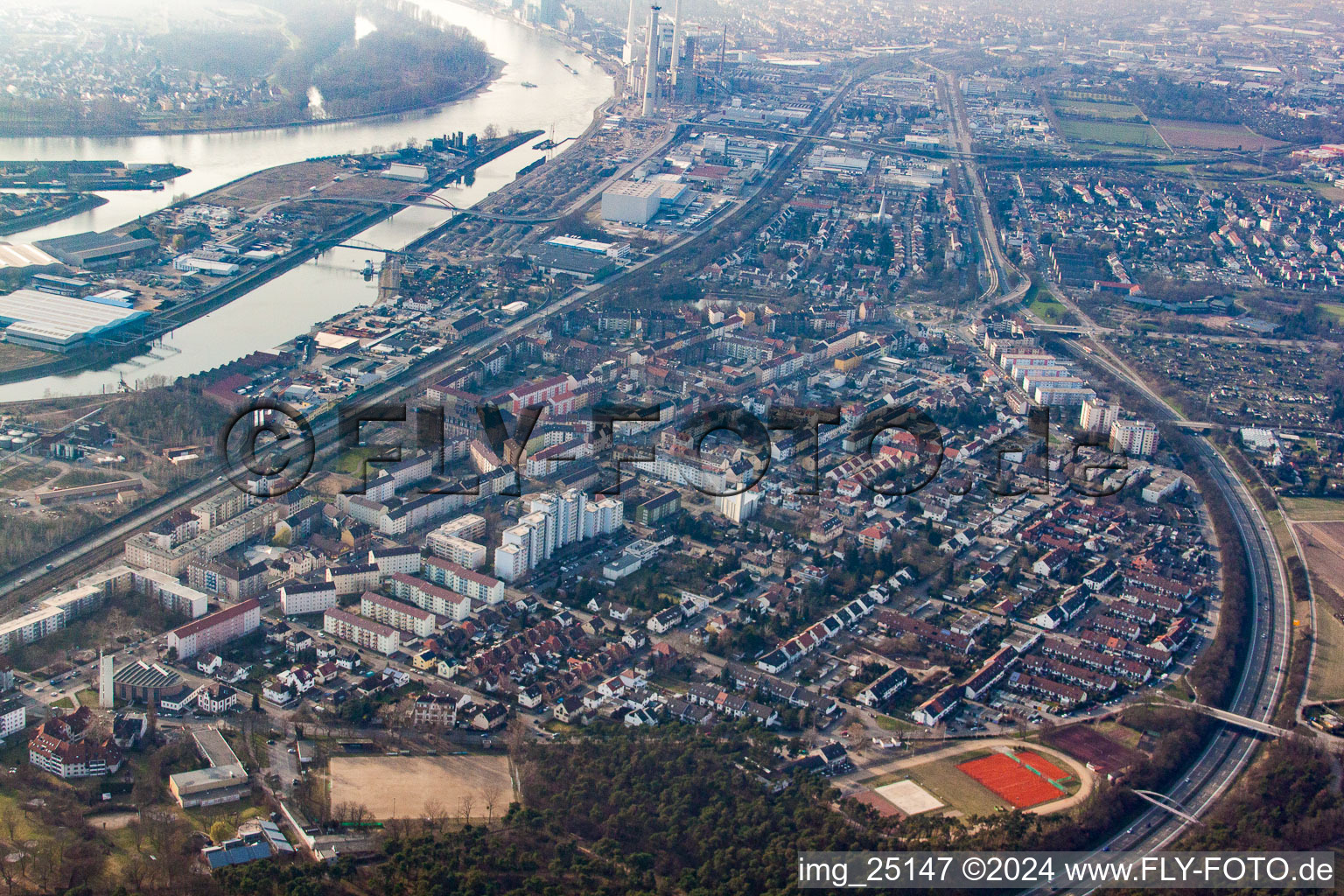 Aerial view of District Rheinau in Mannheim in the state Baden-Wuerttemberg, Germany