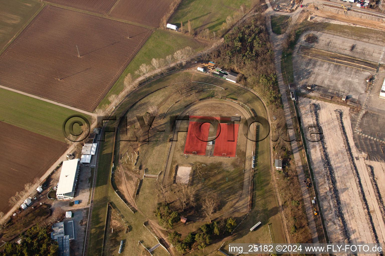 Forest race track of the Baden Racing Club in the district Seckenheim in Mannheim in the state Baden-Wuerttemberg, Germany from the plane