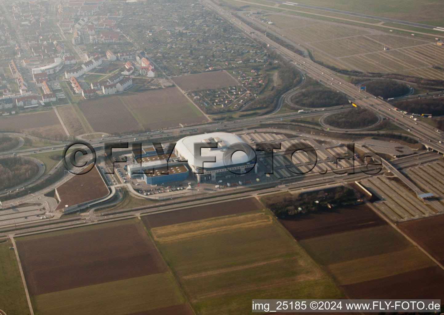 Oblique view of SAP Arena in the district Hochstätt in Mannheim in the state Baden-Wuerttemberg, Germany