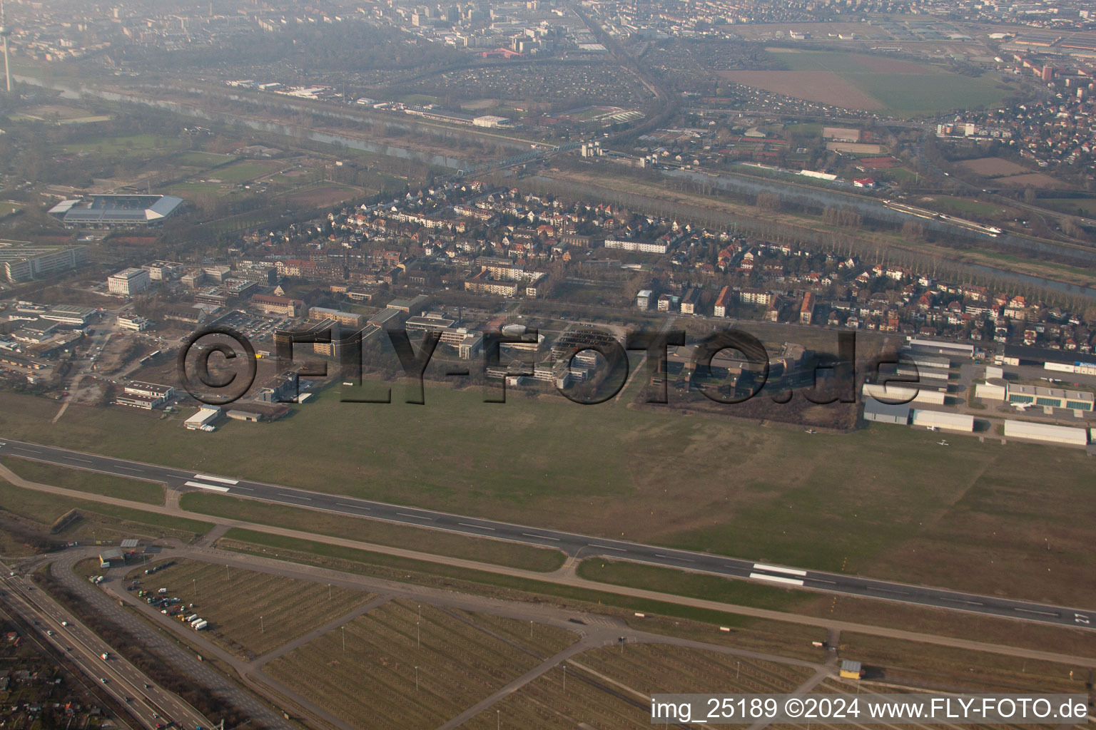 Aerial view of City-Airport in the district Neuostheim in Mannheim in the state Baden-Wuerttemberg, Germany