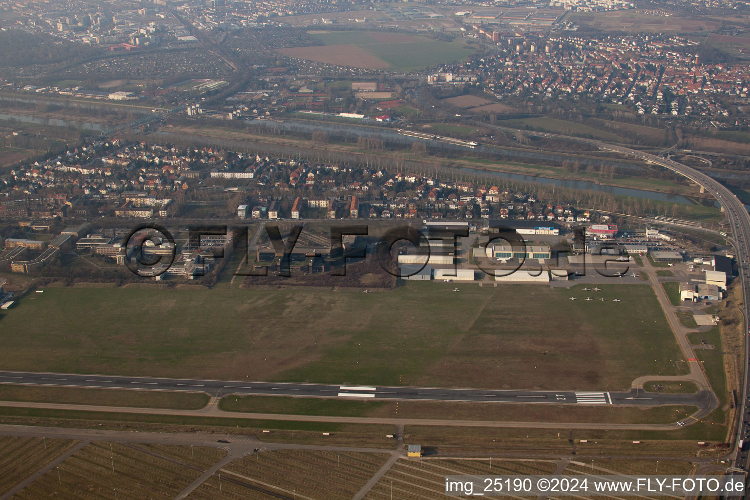 Aerial photograpy of City-Airport in the district Neuostheim in Mannheim in the state Baden-Wuerttemberg, Germany