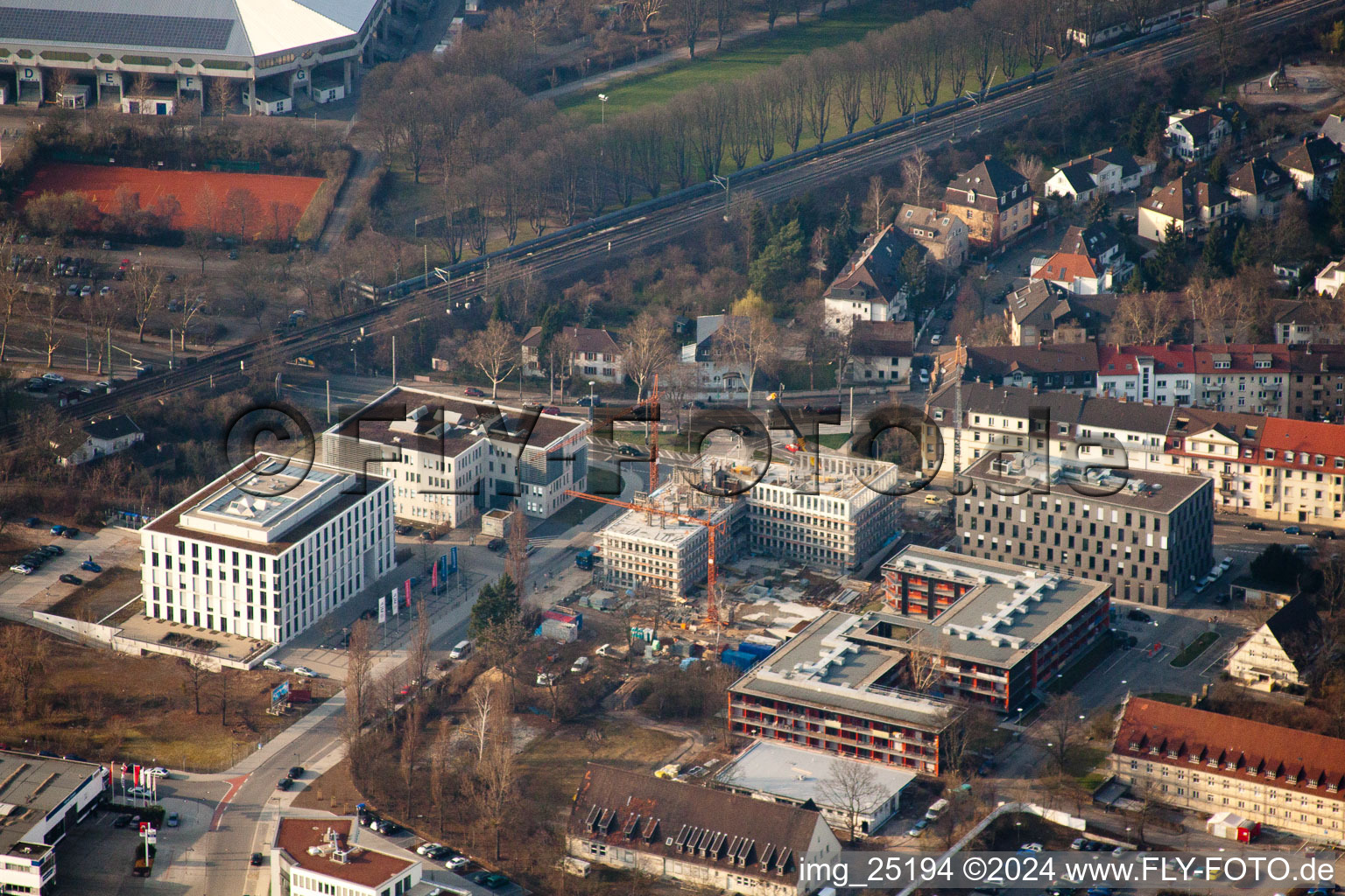Aerial view of EASTSITE project of BAU Bauträgergesellschaft mbH in the district Neuostheim in Mannheim in the state Baden-Wuerttemberg, Germany