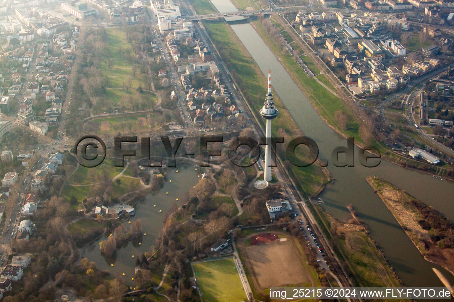 Aerial view of Luisenpark, telecommunications tower in the district Oststadt in Mannheim in the state Baden-Wuerttemberg, Germany