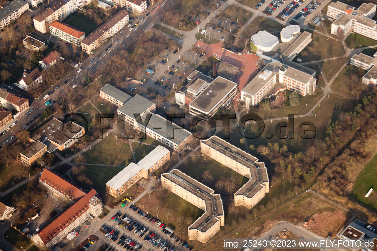 Oblique view of Bundeswehr training center in the district Neuostheim in Mannheim in the state Baden-Wuerttemberg, Germany