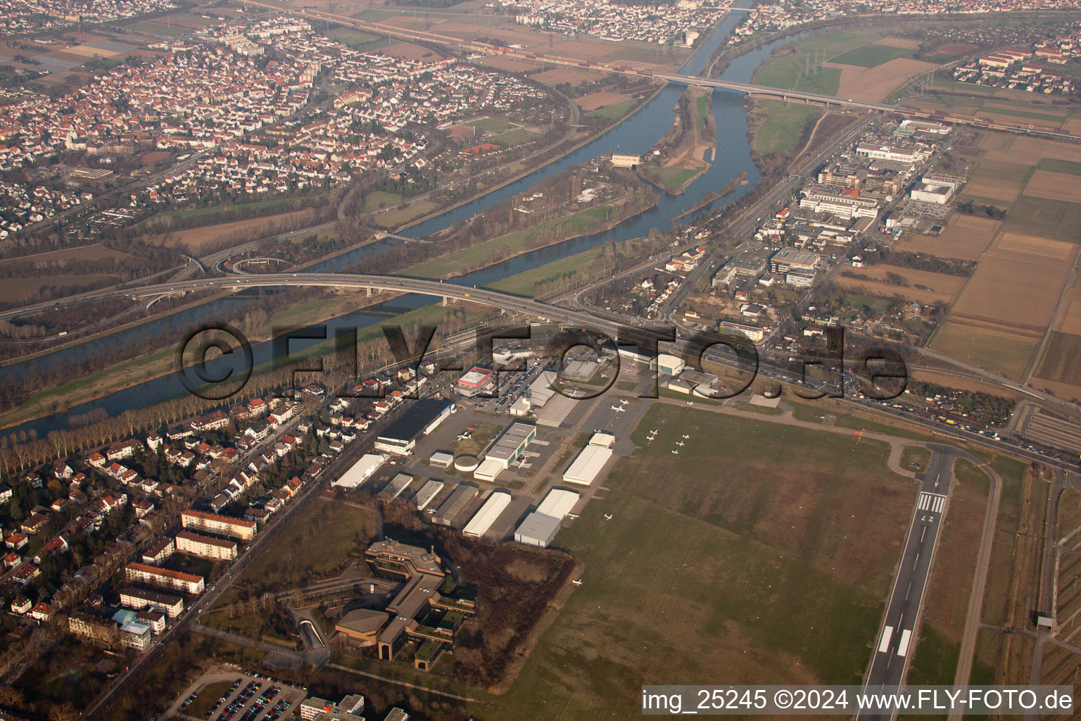 Oblique view of City-Airport in the district Neuostheim in Mannheim in the state Baden-Wuerttemberg, Germany