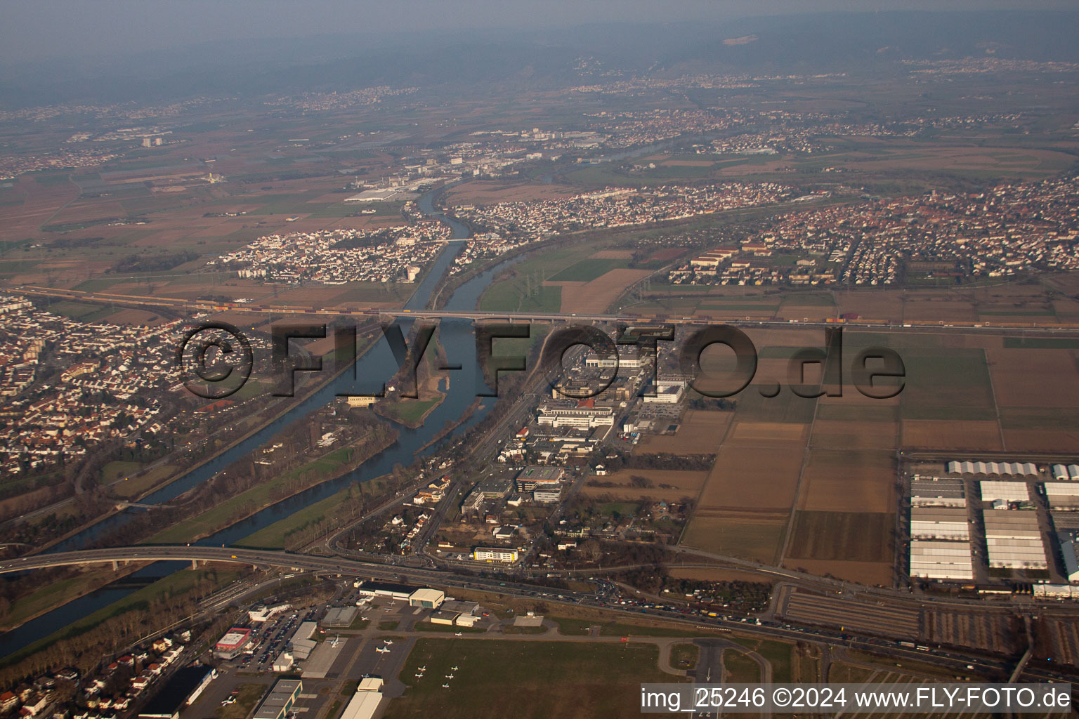 Aerial view of Industrial area Seckenheimer Landstrasse/ Hans-Thomastr in the district Neuostheim in Mannheim in the state Baden-Wuerttemberg, Germany