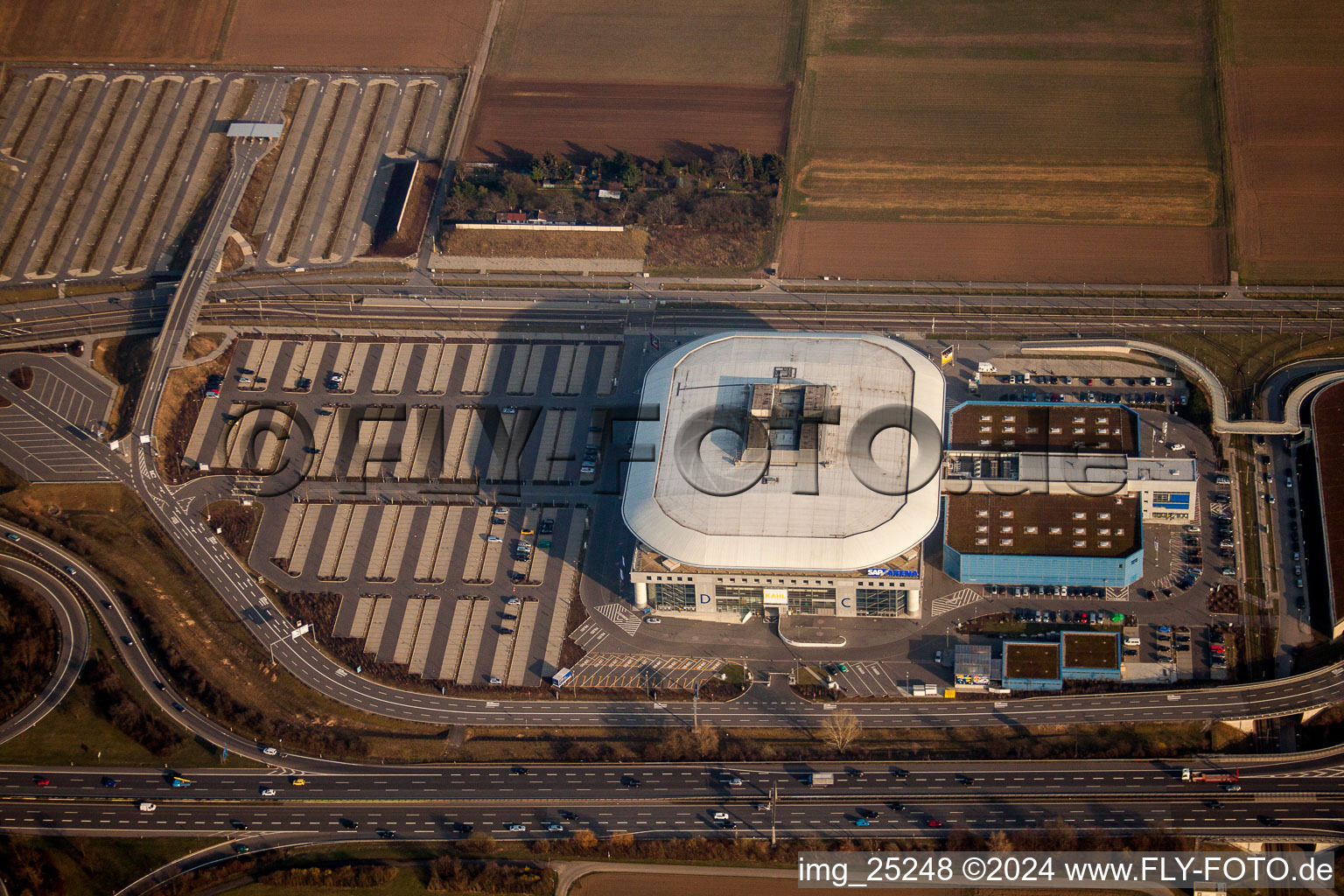 Aerial view of Event and music-concert grounds of the SAP Arena in Mannheim in the state Baden-Wurttemberg, Germany