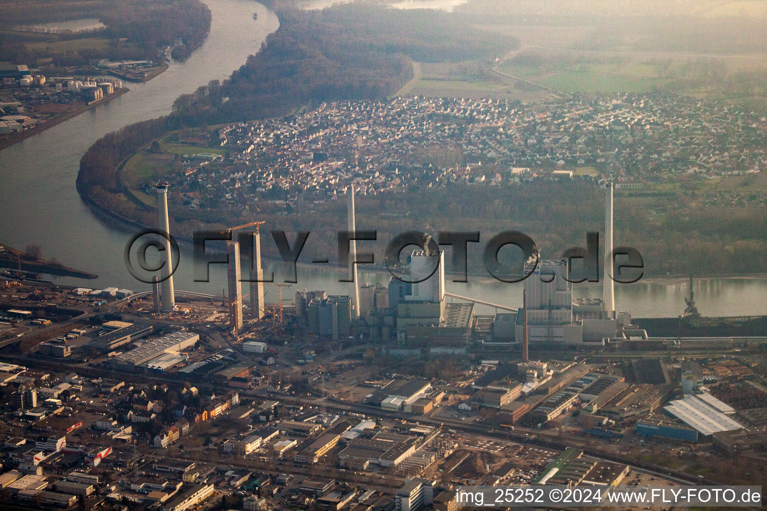 Aerial view of Large power plant with new construction of Block 6 in the district Neckarau in Mannheim in the state Baden-Wuerttemberg, Germany