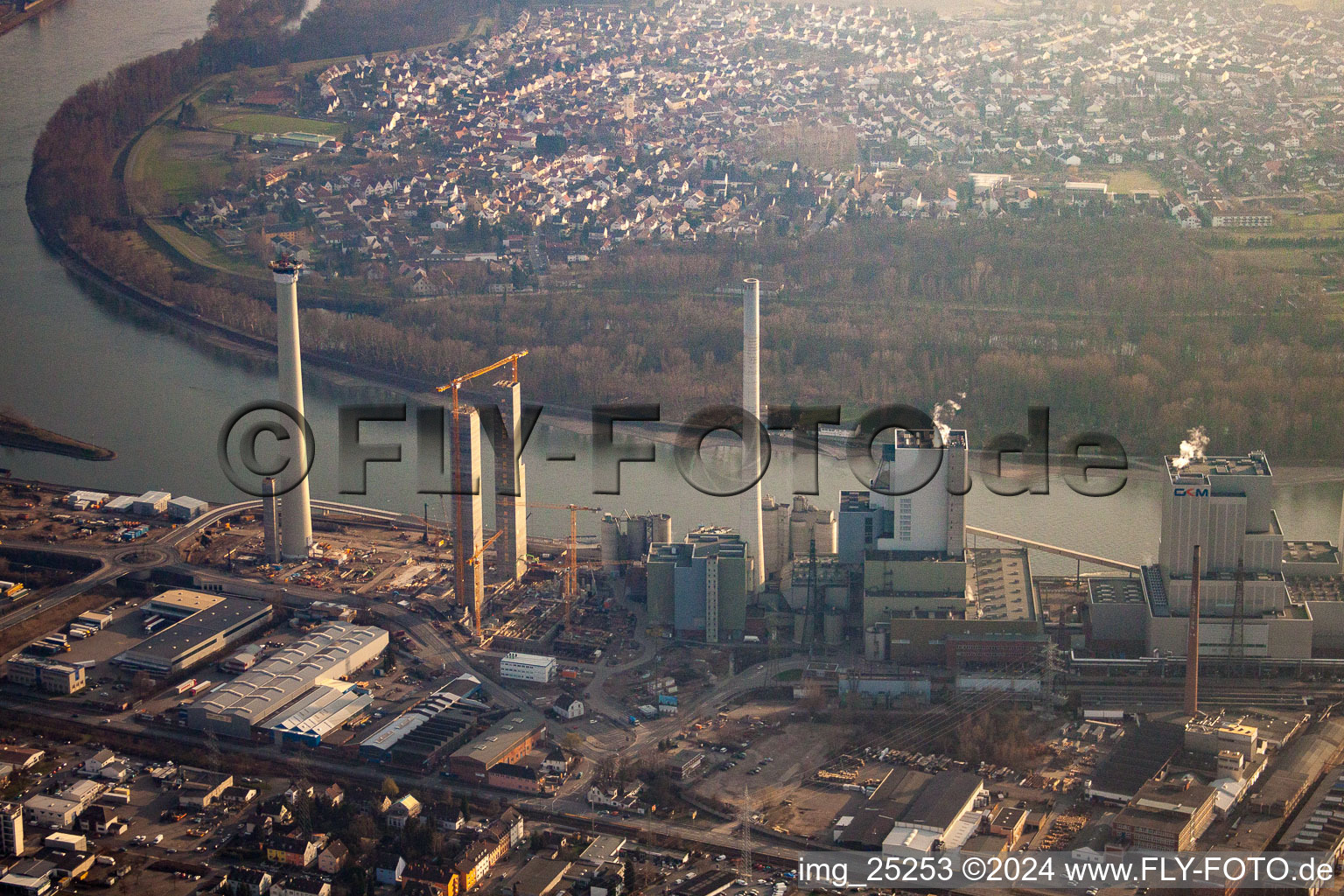 Aerial photograpy of Large power plant with new construction of Block 6 in the district Neckarau in Mannheim in the state Baden-Wuerttemberg, Germany