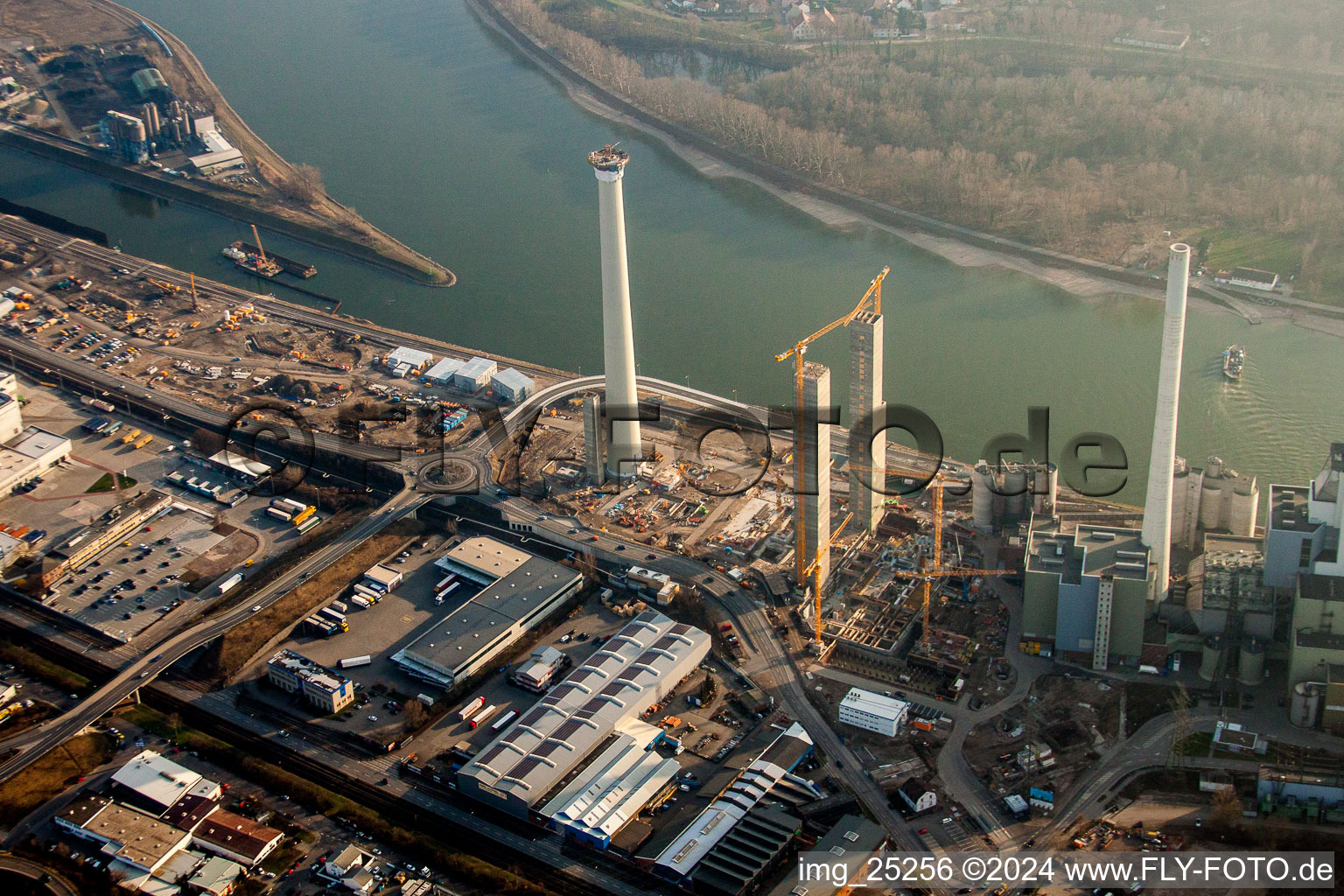 Aerial view of Construction site of power plants and exhaust towers of thermal power station GKM Block 6 in the district Neckarau in Mannheim in the state Baden-Wurttemberg, Germany