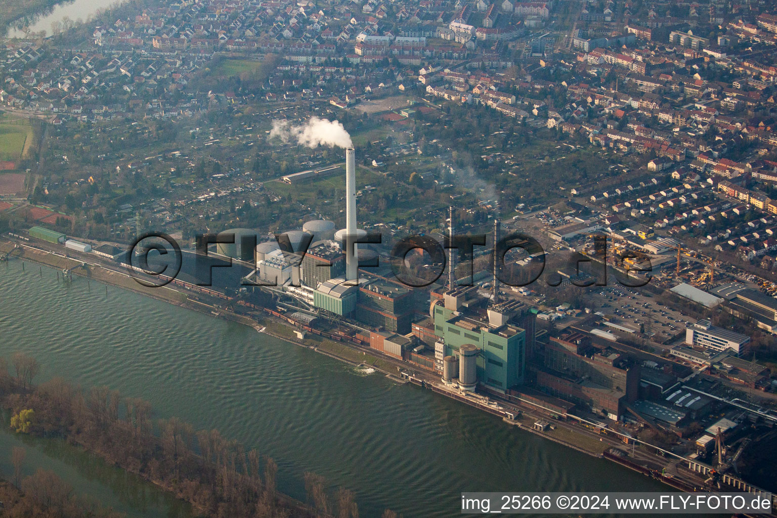 Aerial view of Construction site of power plants and exhaust towers of thermal power station GKM Block 6 in the district Neckarau in Mannheim in the state Baden-Wurttemberg, Germany