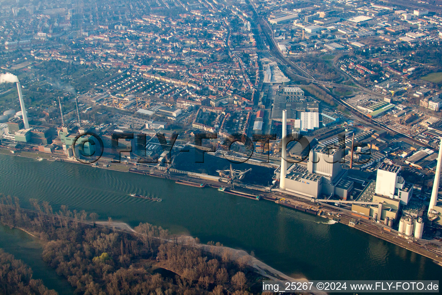 Aerial photograpy of Construction site of power plants and exhaust towers of thermal power station GKM Block 6 in the district Neckarau in Mannheim in the state Baden-Wurttemberg, Germany