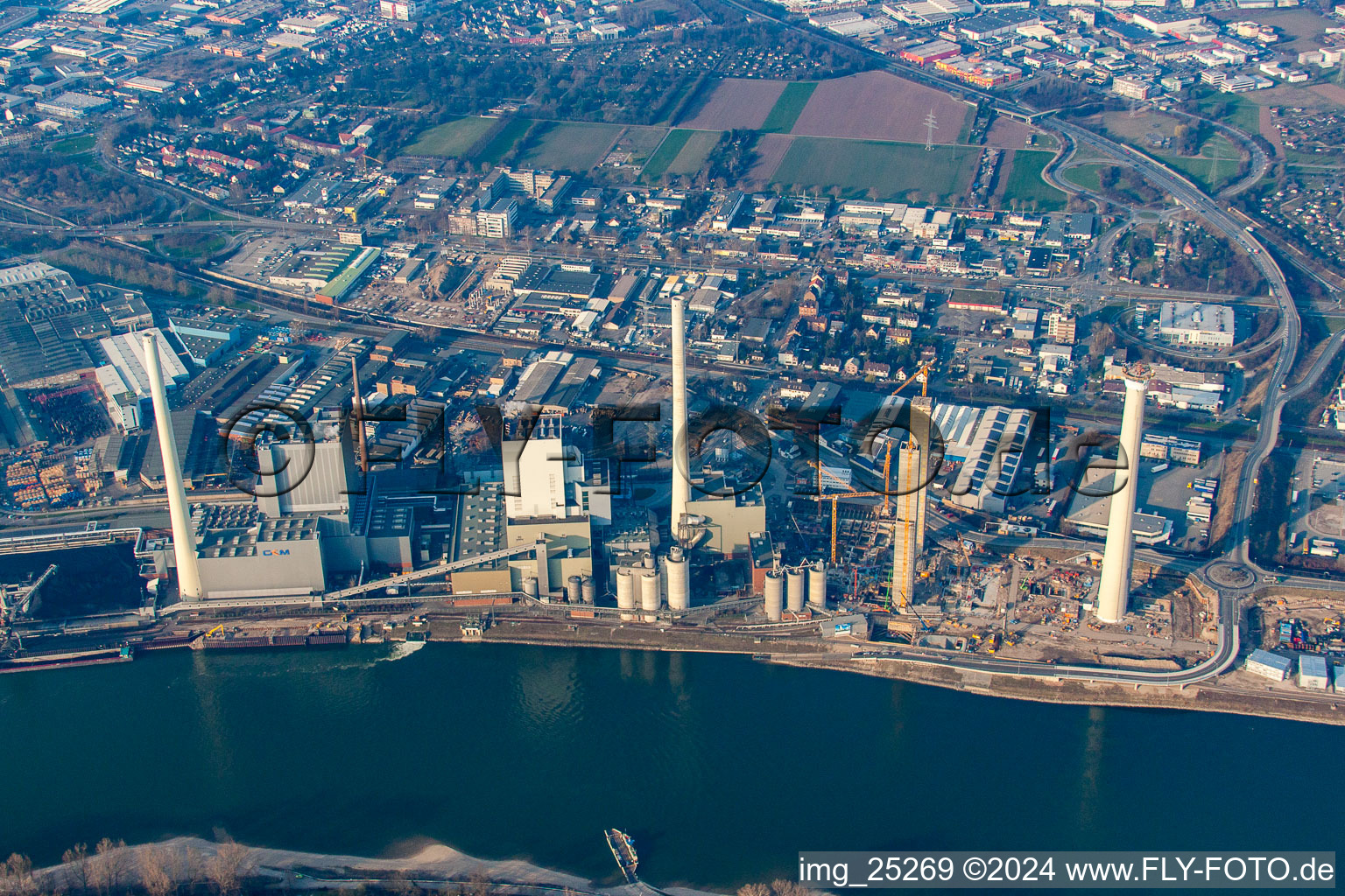 Aerial photograpy of Construction site of power plants and exhaust towers of thermal power station GKM Block 6 in the district Neckarau in Mannheim in the state Baden-Wurttemberg, Germany