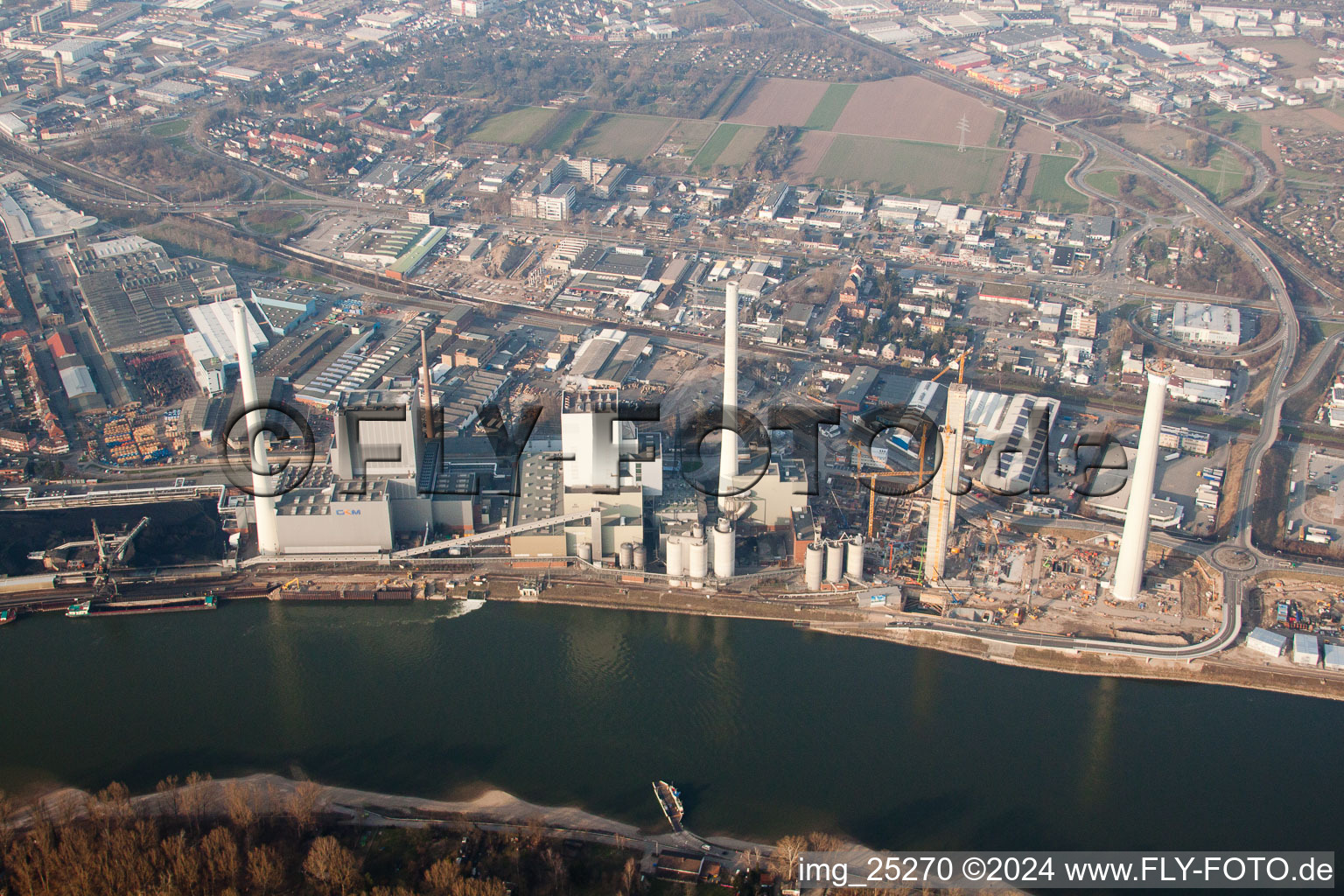 Oblique view of Construction site of power plants and exhaust towers of thermal power station GKM Block 6 in the district Neckarau in Mannheim in the state Baden-Wurttemberg, Germany