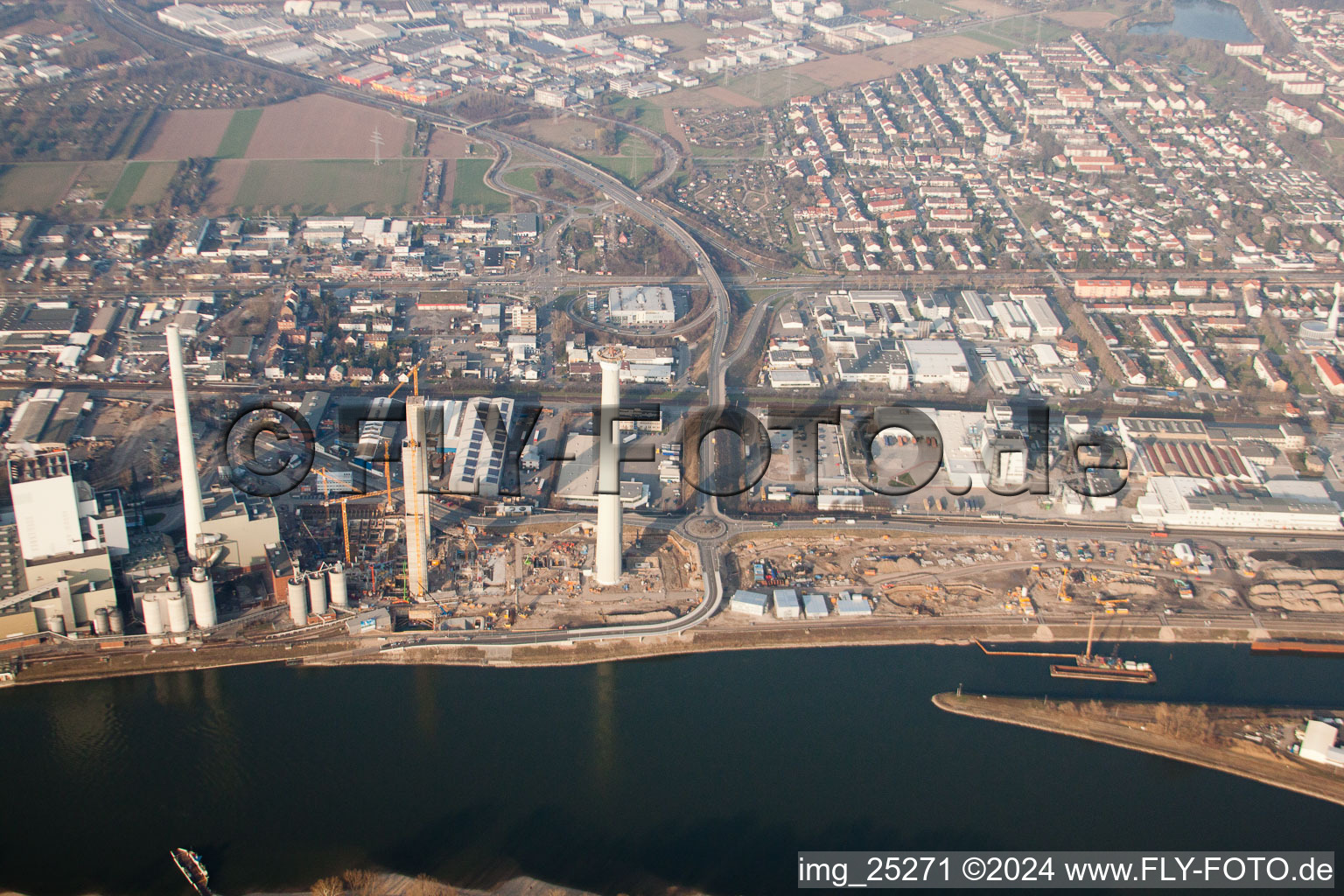 Construction site of power plants and exhaust towers of thermal power station GKM Block 6 in the district Neckarau in Mannheim in the state Baden-Wurttemberg, Germany from above