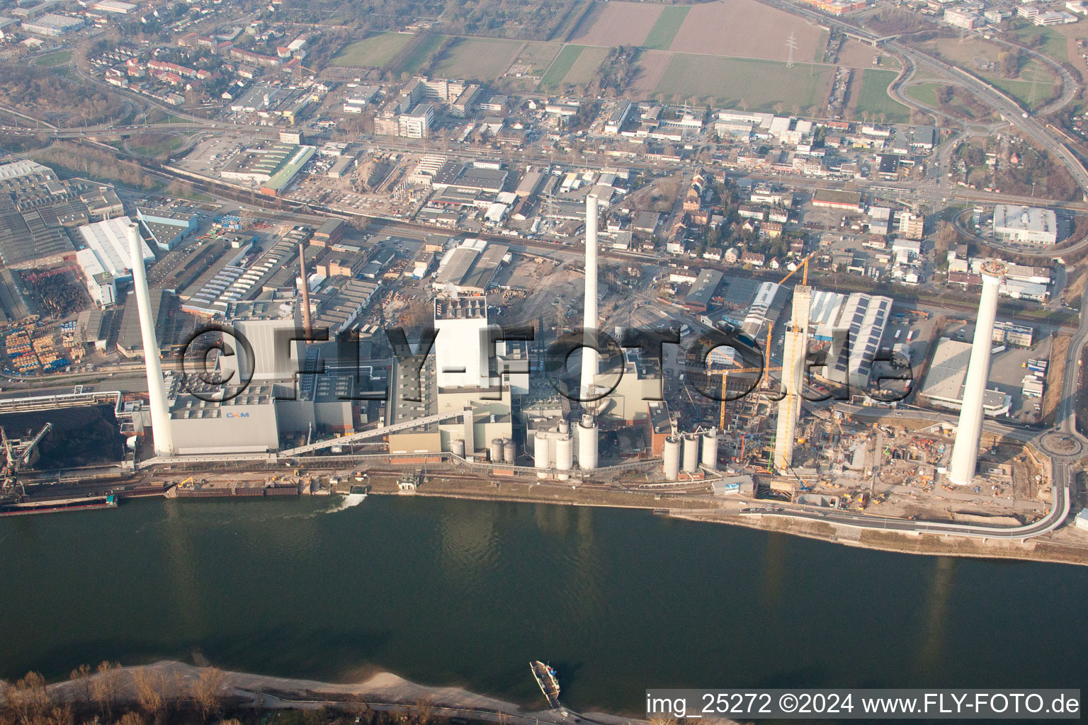 Construction site of power plants and exhaust towers of thermal power station GKM Block 6 in the district Neckarau in Mannheim in the state Baden-Wurttemberg, Germany out of the air