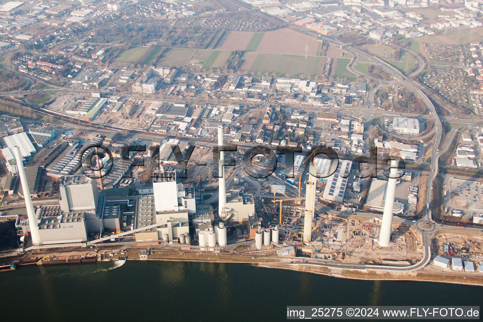 Construction site of power plants and exhaust towers of thermal power station GKM Block 6 in the district Neckarau in Mannheim in the state Baden-Wurttemberg, Germany seen from above