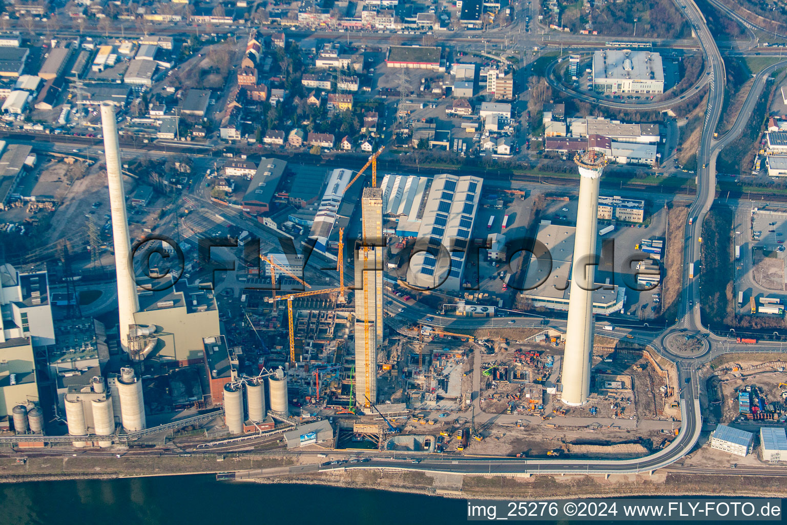 Oblique view of Construction site of power plants and exhaust towers of thermal power station GKM Block 6 in the district Neckarau in Mannheim in the state Baden-Wurttemberg, Germany