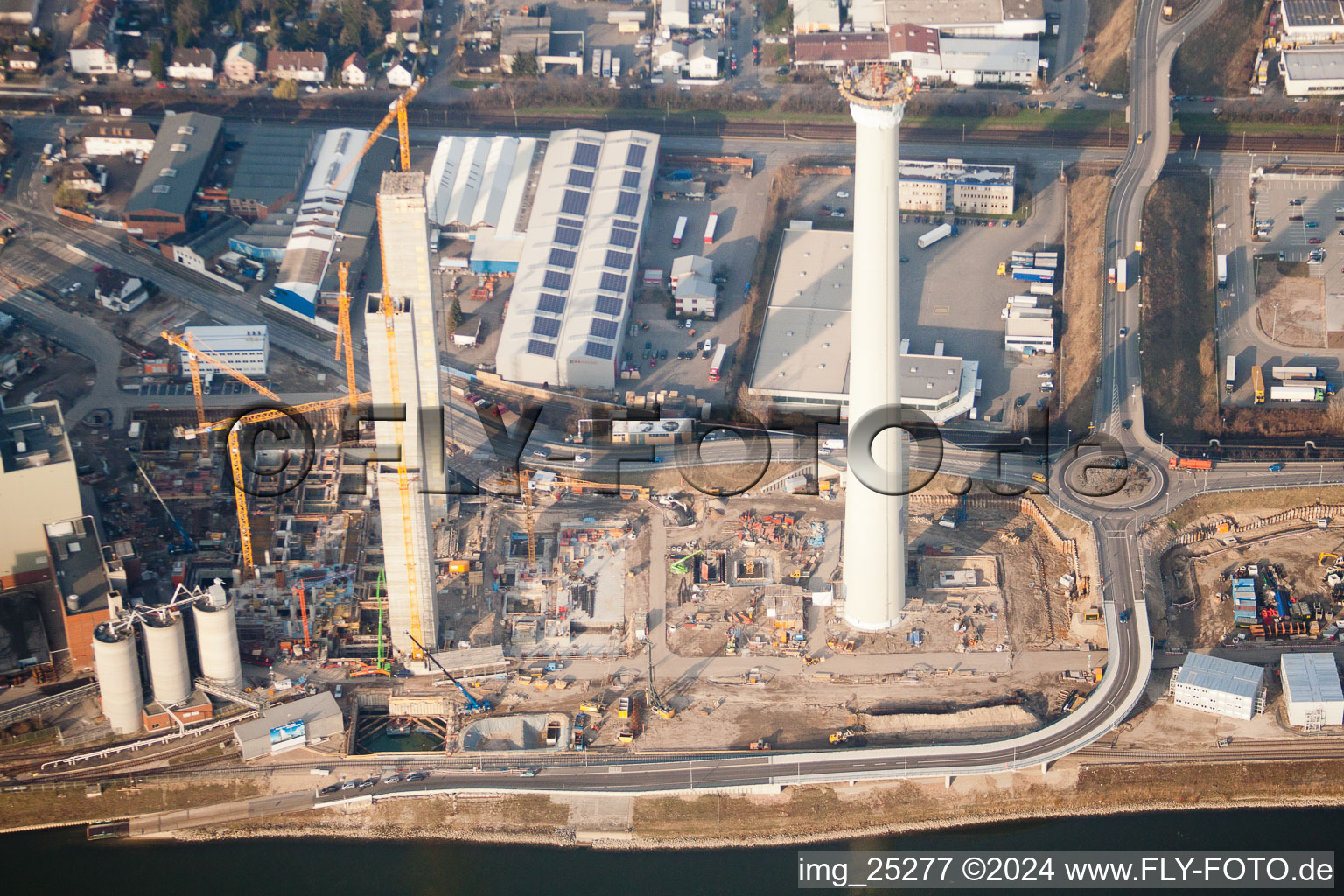 Construction site of power plants and exhaust towers of thermal power station GKM Block 6 in the district Neckarau in Mannheim in the state Baden-Wurttemberg, Germany from the plane