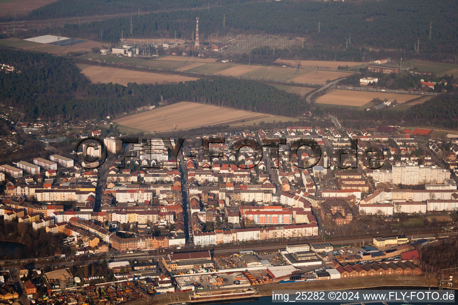 Aerial photograpy of District Rheinau in Mannheim in the state Baden-Wuerttemberg, Germany