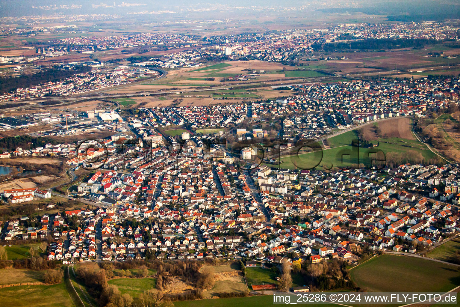 Aerial photograpy of District Rohrhof in Brühl in the state Baden-Wuerttemberg, Germany