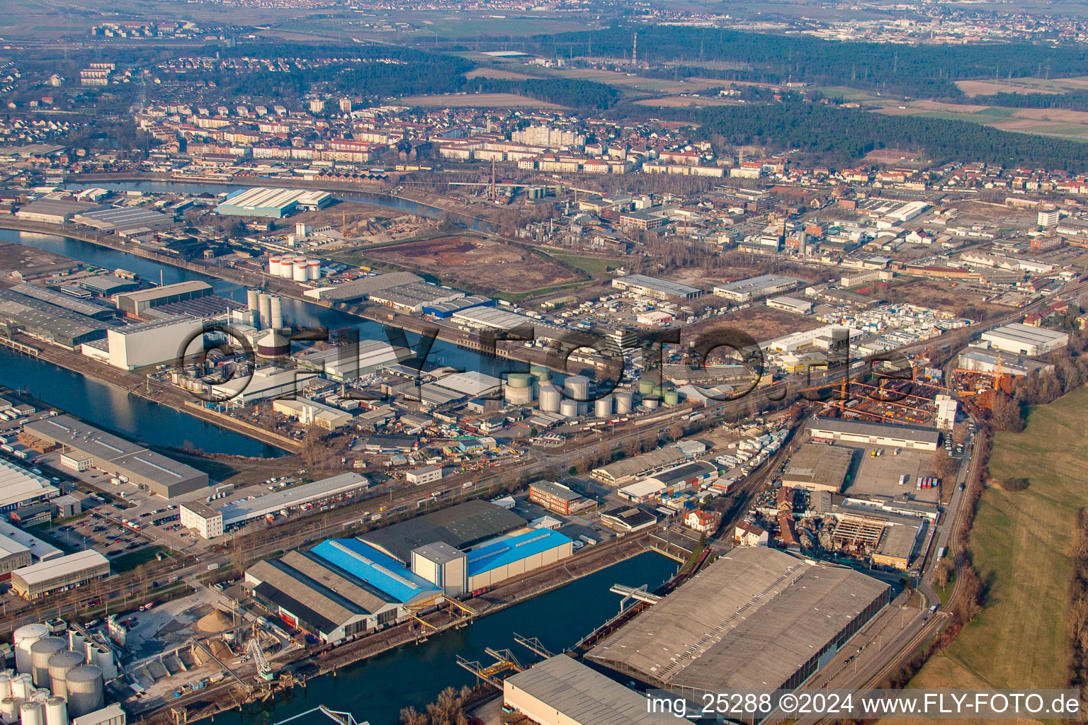 Rheinau Harbour in the district Rheinau in Mannheim in the state Baden-Wuerttemberg, Germany seen from above