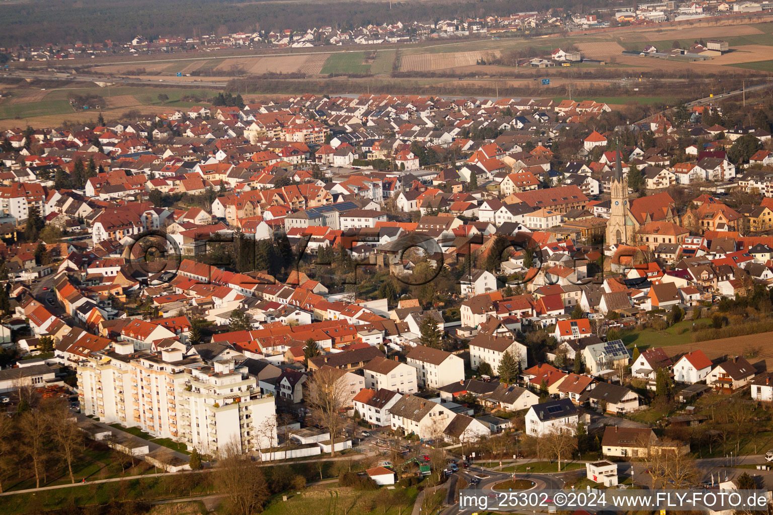 Aerial view of Town View of the streets and houses of the residential areas in Bruehl in the state Baden-Wurttemberg