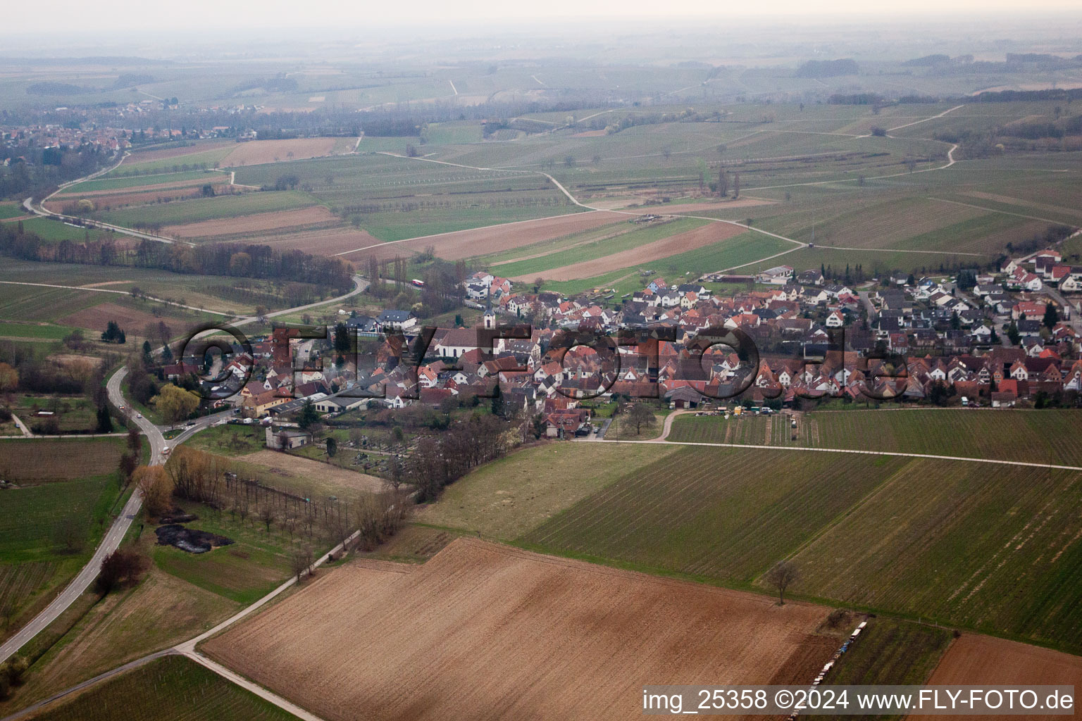 At the Ahlmühle, German Wine Gate eG in Ilbesheim bei Landau in der Pfalz in the state Rhineland-Palatinate, Germany from the plane