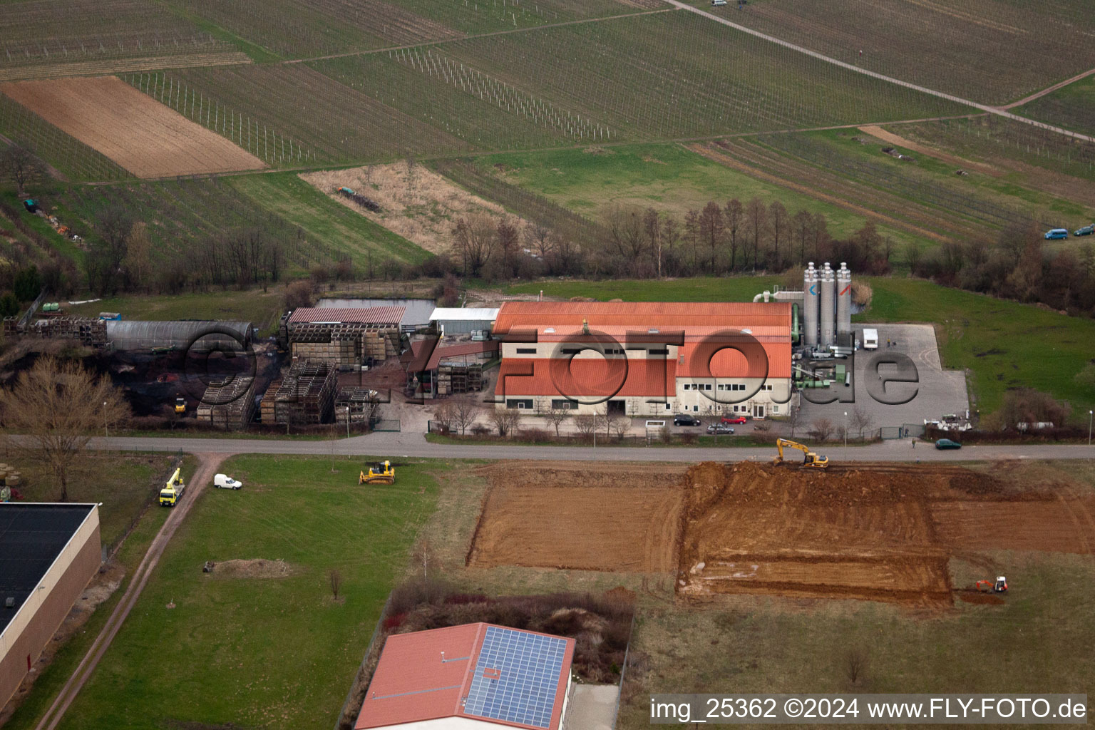 At the Ahlmühle, Deutsches Weintor eG in Ilbesheim bei Landau in der Pfalz in the state Rhineland-Palatinate, Germany viewn from the air