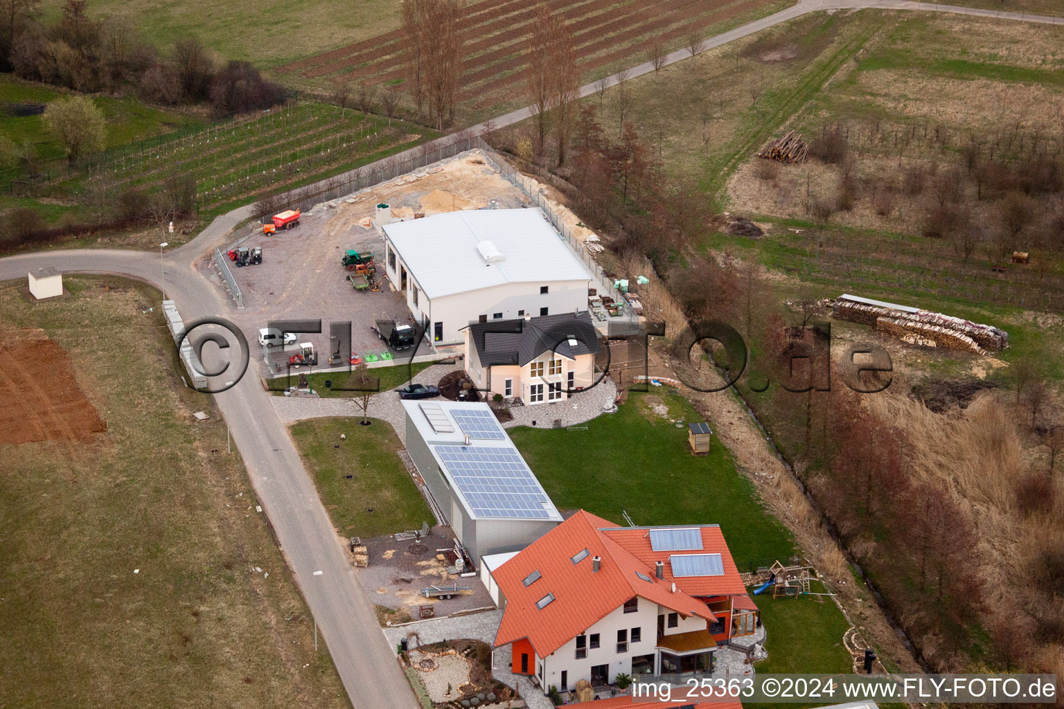 Drone recording of At the Ahlmühle, German Wine Gate eG in Ilbesheim bei Landau in der Pfalz in the state Rhineland-Palatinate, Germany