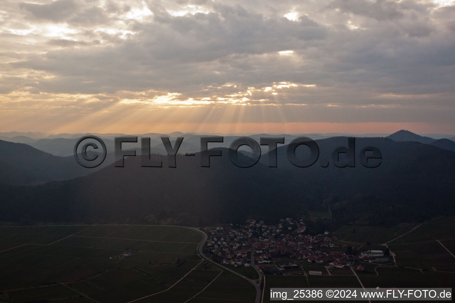 Sunset over the Haardt in Eschbach in the state Rhineland-Palatinate, Germany