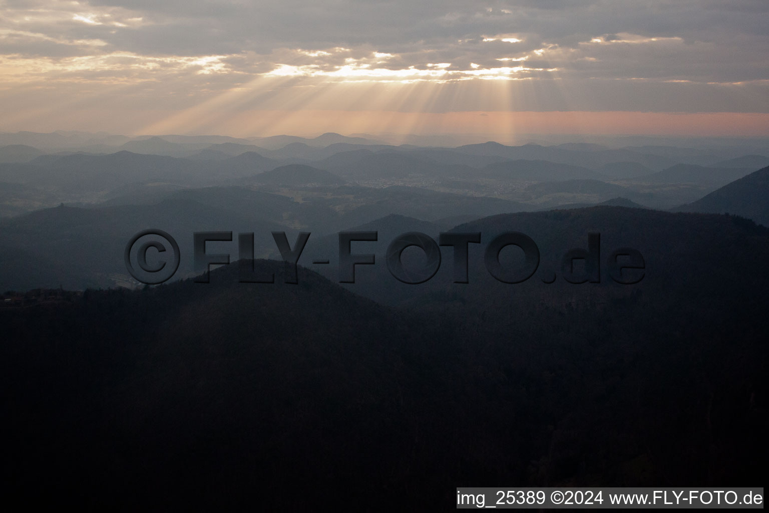 Aerial view of Sunset over the Haardt in Eschbach in the state Rhineland-Palatinate, Germany