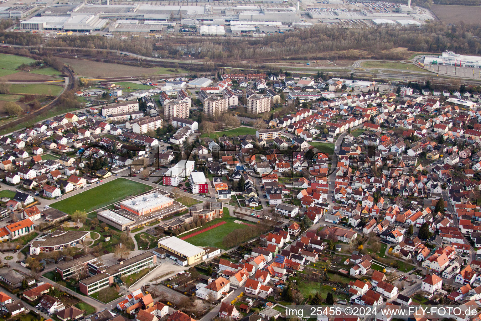 Oblique view of District Maximiliansau in Wörth am Rhein in the state Rhineland-Palatinate, Germany