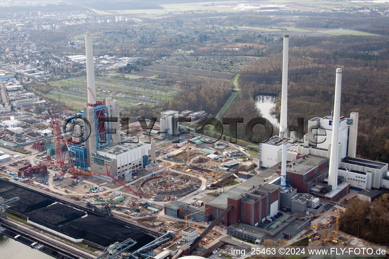 Aerial view of ENBW power plant in the district Rheinhafen in Karlsruhe in the state Baden-Wuerttemberg, Germany