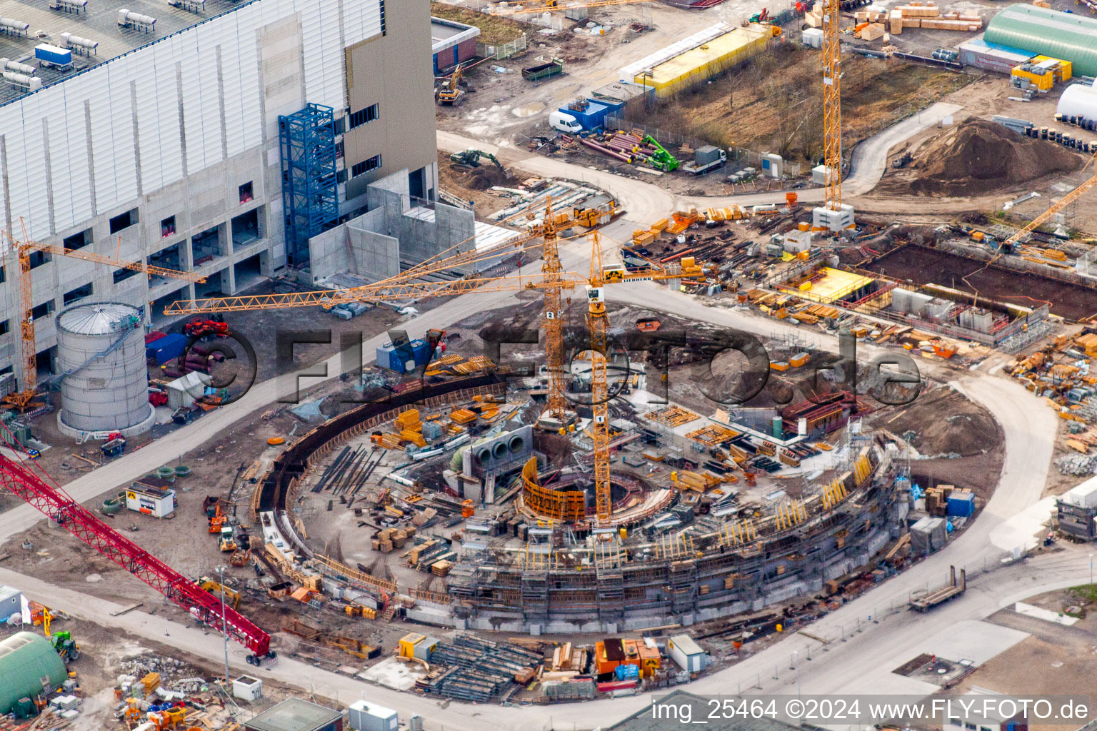 Aerial view of Construction site of power plants and exhaust towers of thermal power station EnBW Energie Baden-Wuerttemberg AG, Rheinhafen-Dampfkraftwerk Karlsruhe in Karlsruhe in the state Baden-Wurttemberg, Germany