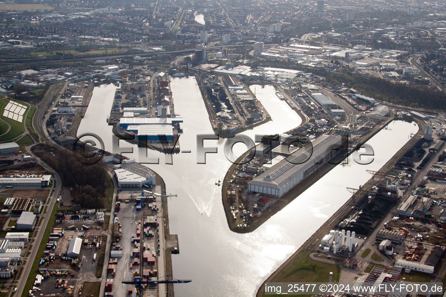 Aerial view of District Rheinhafen in Karlsruhe in the state Baden-Wuerttemberg, Germany