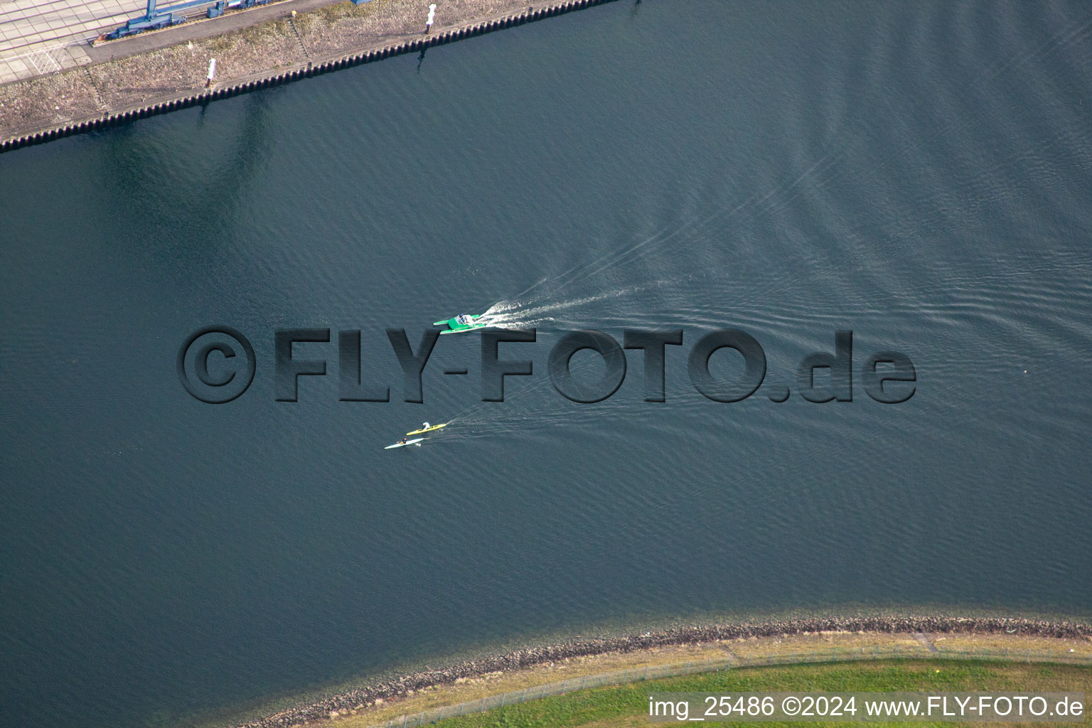 Aerial view of Early rowers in the district Rheinhafen in Karlsruhe in the state Baden-Wuerttemberg, Germany