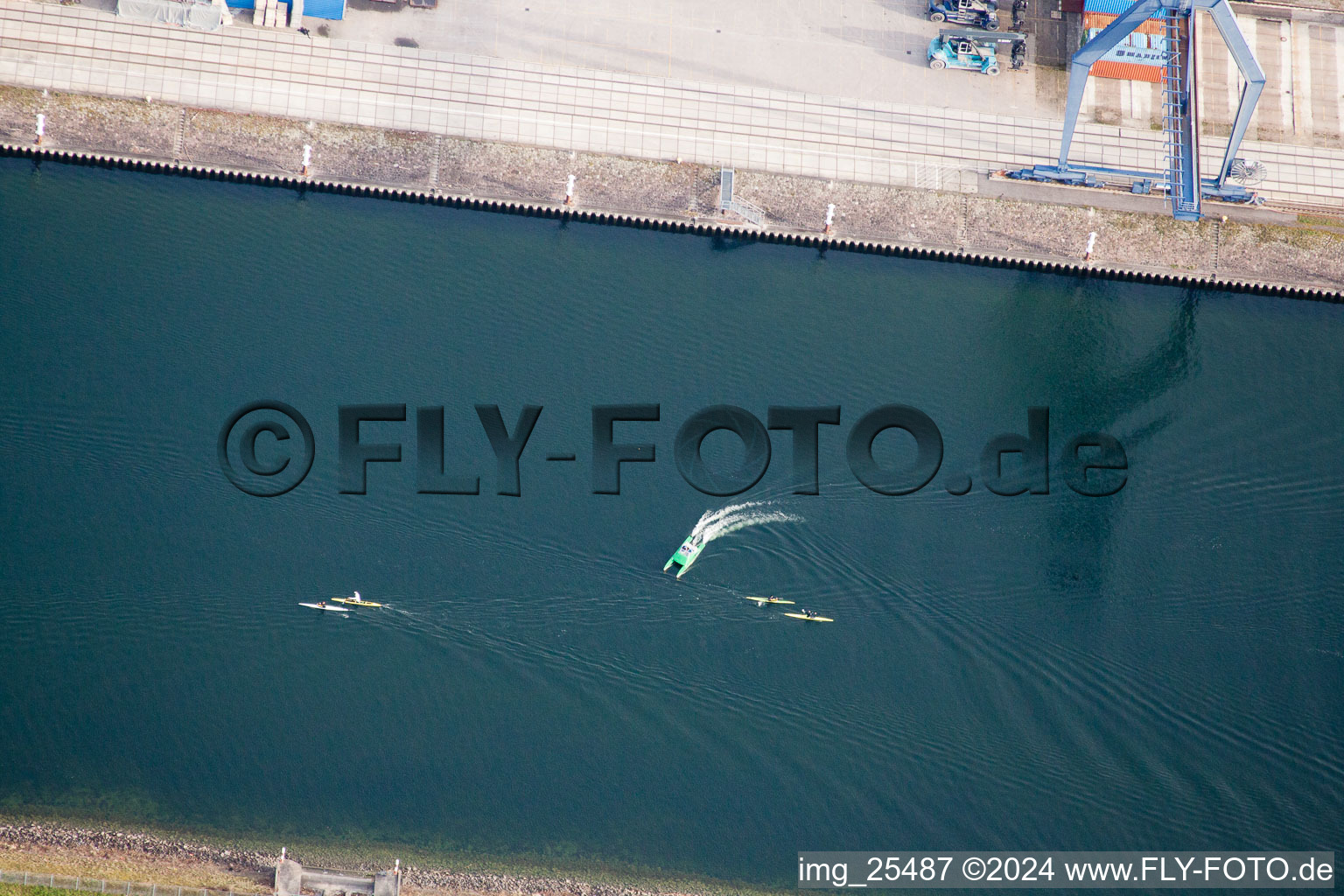 Aerial photograpy of Early rowers in the district Rheinhafen in Karlsruhe in the state Baden-Wuerttemberg, Germany