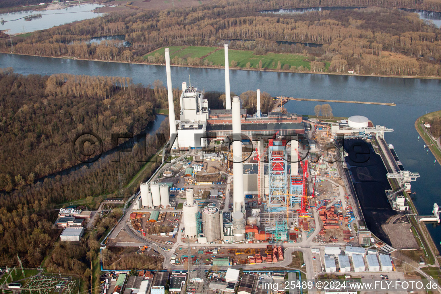 ENBW power plant in the district Rheinhafen in Karlsruhe in the state Baden-Wuerttemberg, Germany from the plane