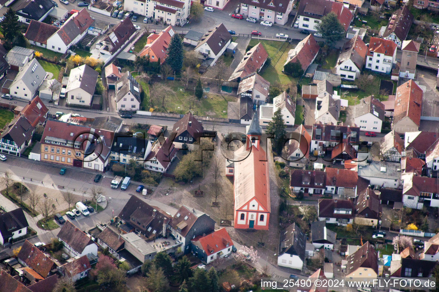 Aerial view of St. Valentine in the district Daxlanden in Karlsruhe in the state Baden-Wuerttemberg, Germany