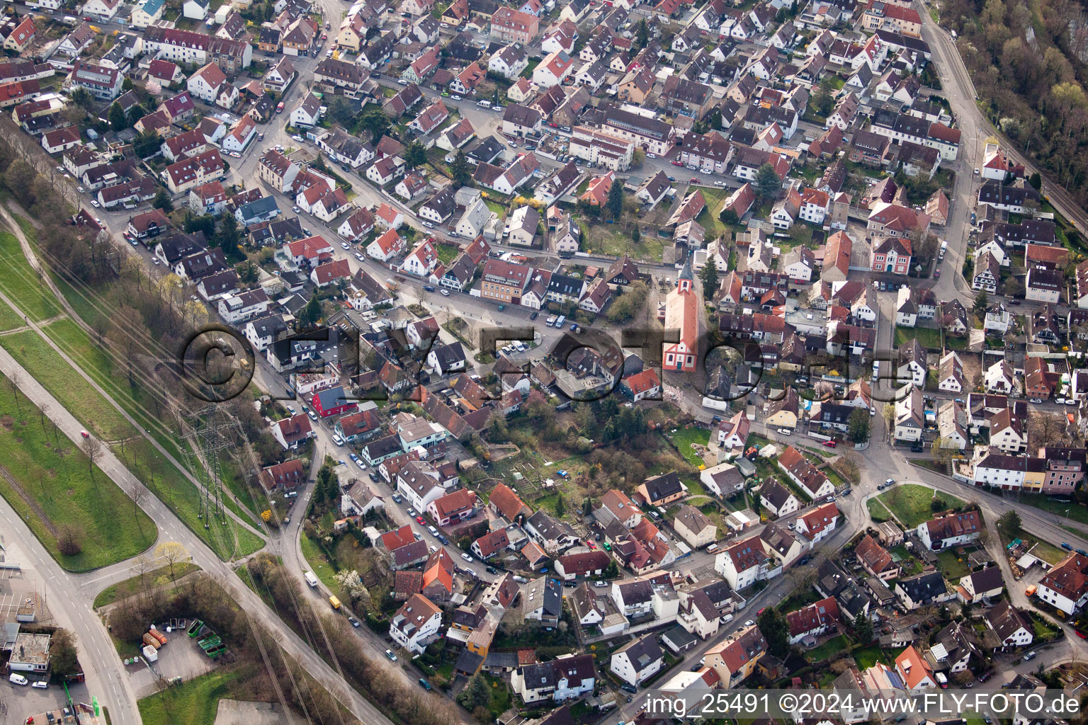 Aerial photograpy of St. Valentine in the district Daxlanden in Karlsruhe in the state Baden-Wuerttemberg, Germany