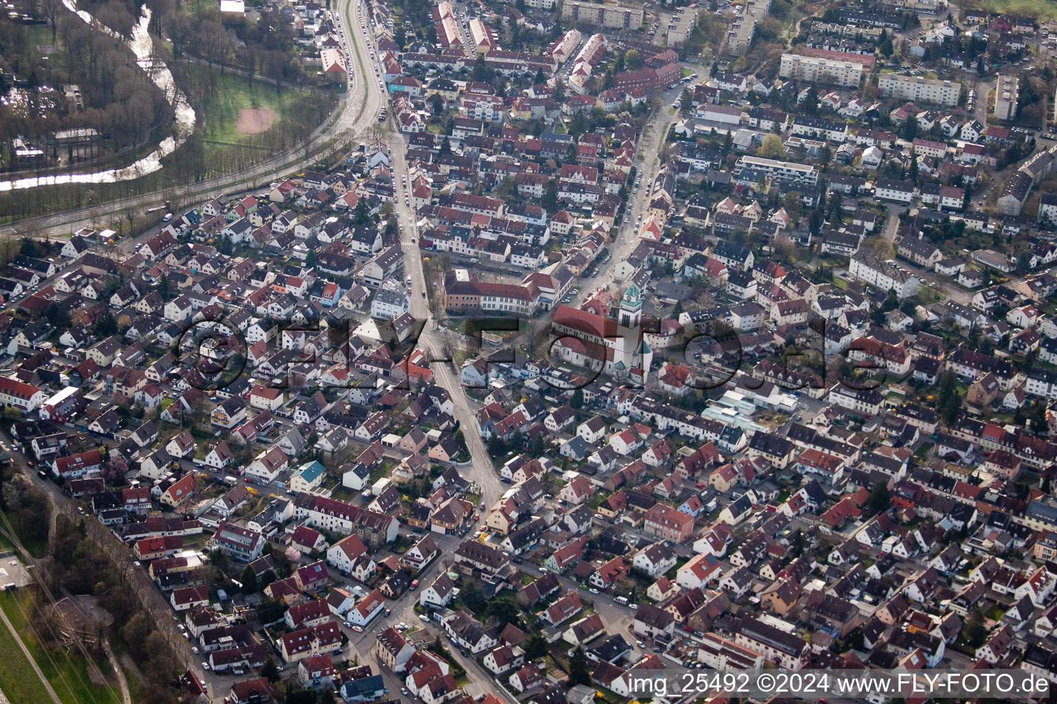 Aerial photograpy of Holy Spirit Church in the district Daxlanden in Karlsruhe in the state Baden-Wuerttemberg, Germany