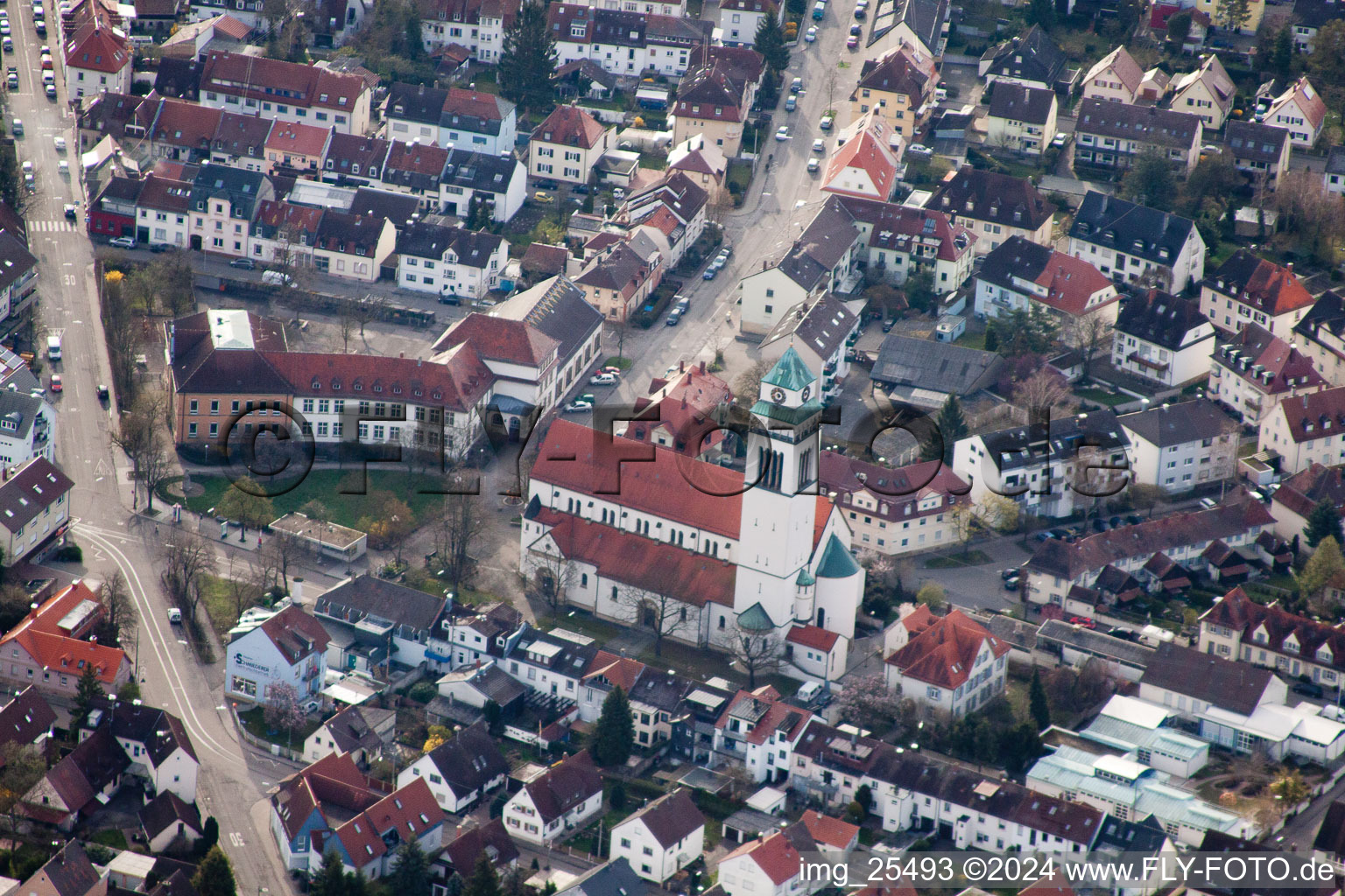 Oblique view of Holy Spirit Church in the district Daxlanden in Karlsruhe in the state Baden-Wuerttemberg, Germany